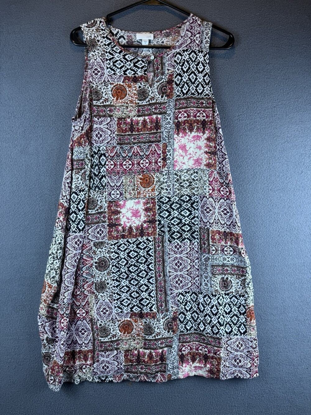 J Jill Patchwork Dress M Keyhole Sleeveless Casual Pockets Boho Tribal Printed